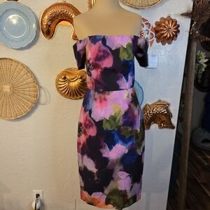 Trina Turk Colorful Floral Watercolor Off-Shoulder Midi Sheath Cocktail Dress